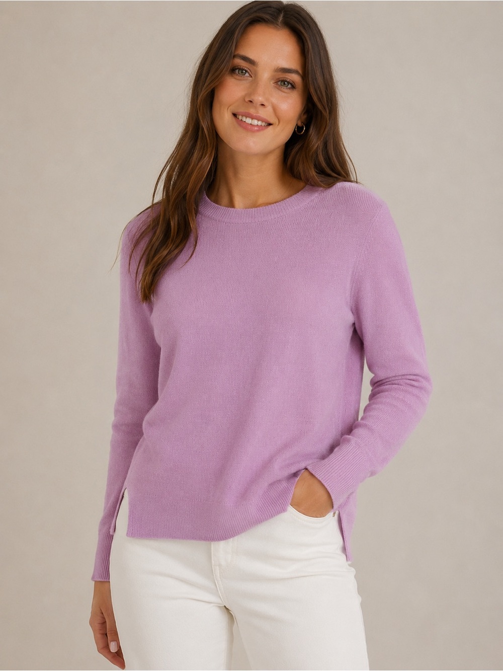 Halogen Women’s Lilac 100% Cashmere Crewneck Sweater Side Slits